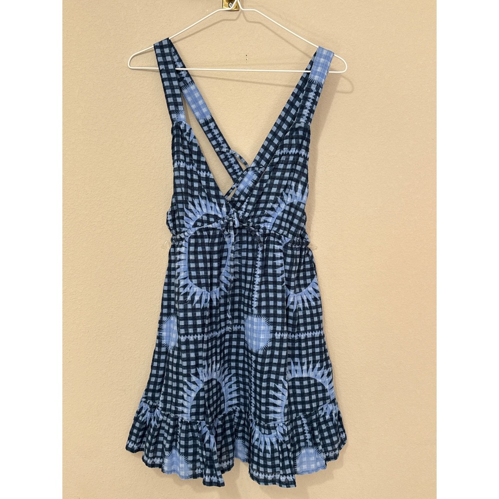 Urban Outfitters Mini Dress Womens Small Blue Gingham Sunburst Crossback Ruffle